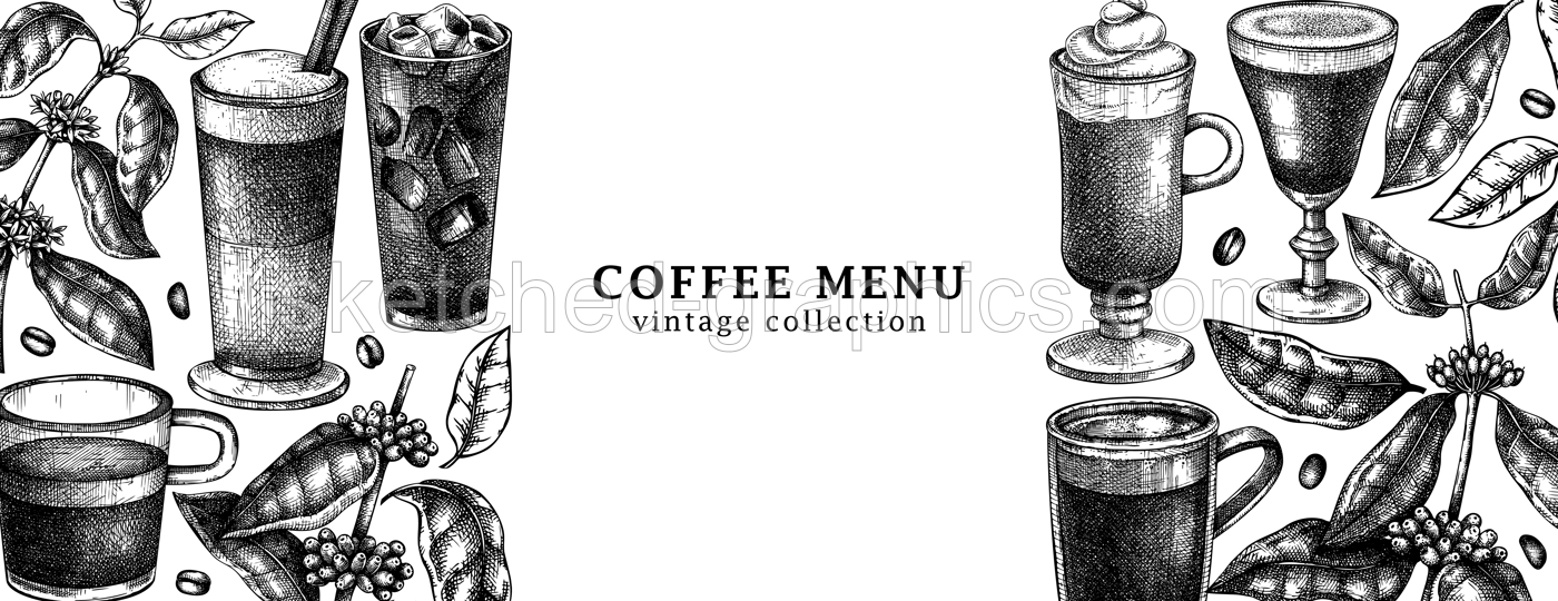 Hand-sketched coffee banner design. Vector sketches of  mugs with aromatic caffeine drinks templates. With botanical coffee plants, leaves and beans in vintage style. Vector beverages background Illustration